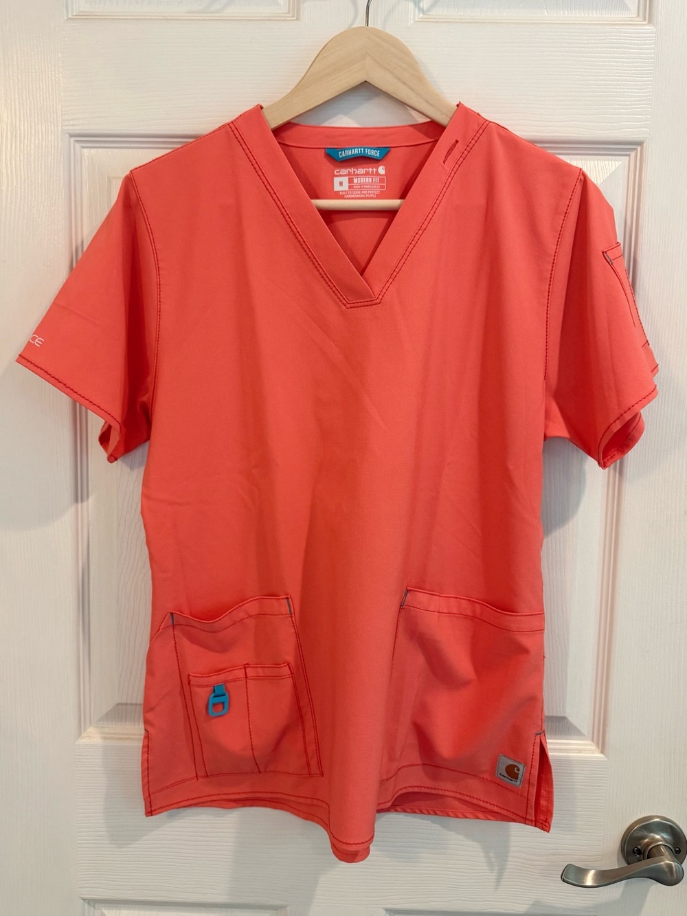 Carhartt Women's Force® Cross-Flex Modern Fit V-Neck Top - Coral with Teal